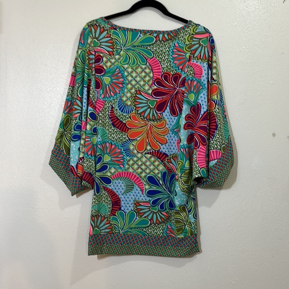 Trina Turk unique sleeved olive green/cranberry/ orange multi-colored top. Sm. - Picture 7 of 11
